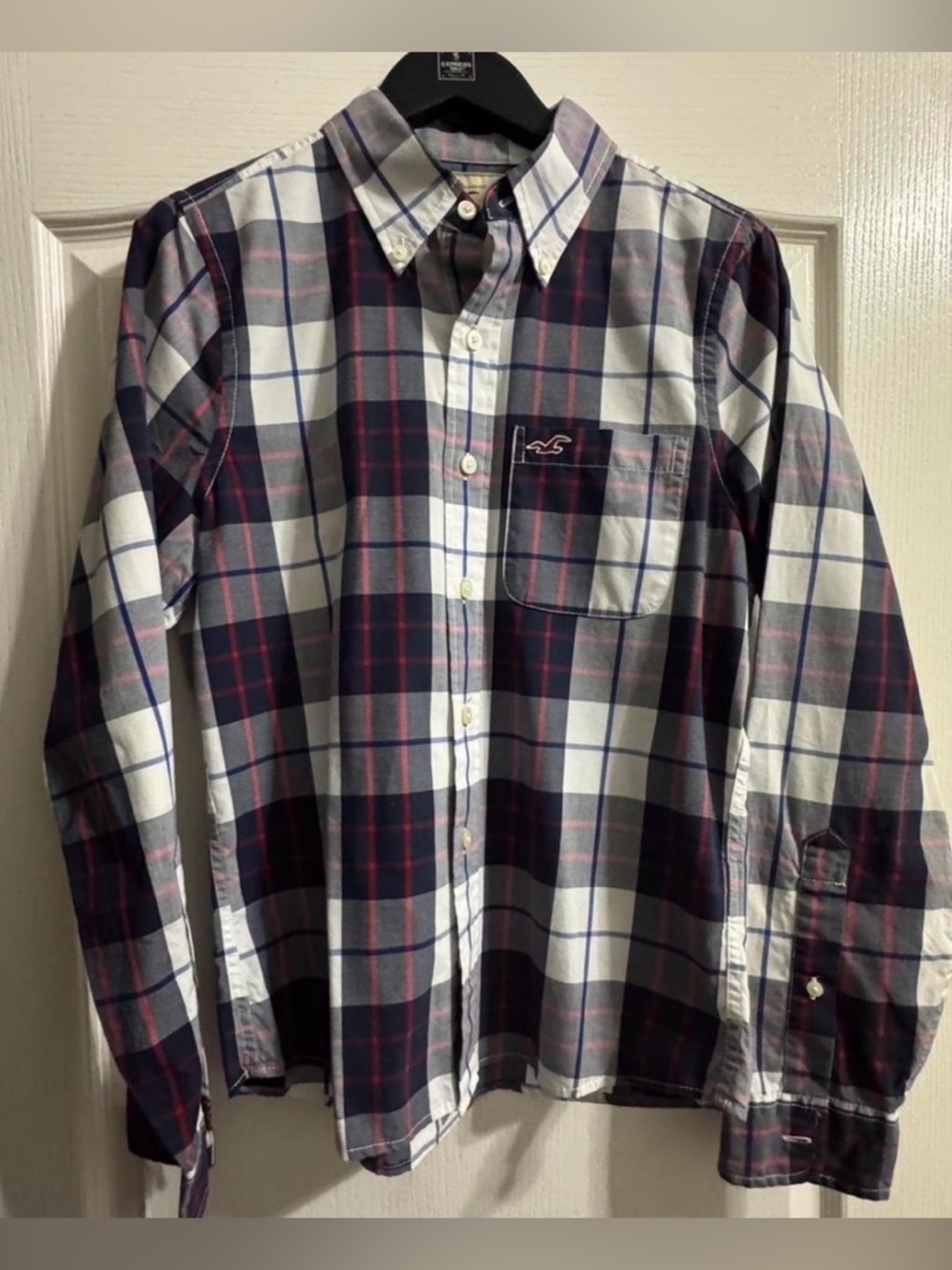 Hollister Men's Navy, White & Red Plaid Button-Down Shirt